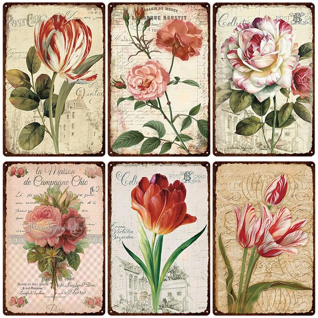 Flowers Metal Tin Sign Retro Plates Rose Peony Lavender Art Plaque Vintage Poster Garden Room Home Wall Decor Gift 2