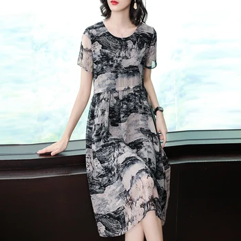 

KMETRAM Summer Chiffon Dress 2020 Vintage Office Midi Dress Women Black Plus Size Dress Elegant Ladies Dresses Vestidos K0780