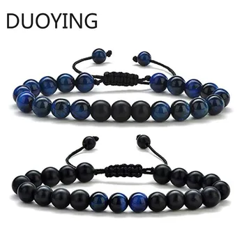 

8mm Blue Tiger Eye Bracelet Black Matte Bracelet,Stress Relief Braided Rope Natural Stone Yoga Beads Bracelet Bangle for Couples