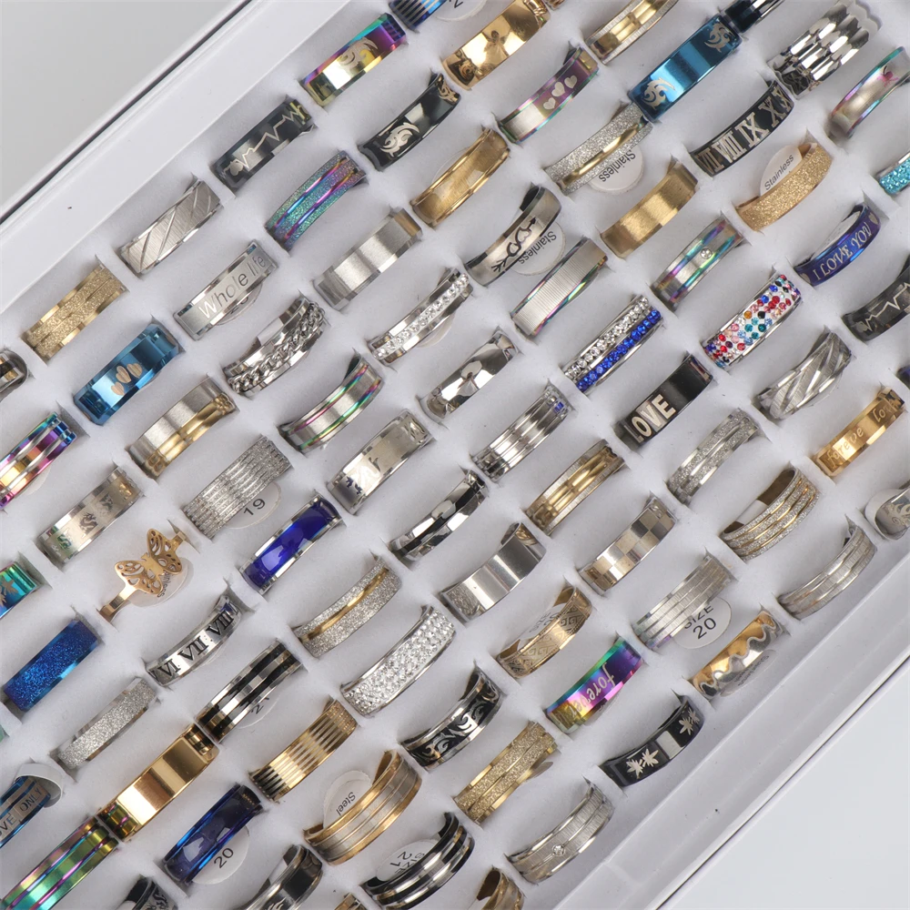 50pcs/lot Fashion Stainless Steel Jewelry Rings For Women Men Mix Style Color 50 different styles