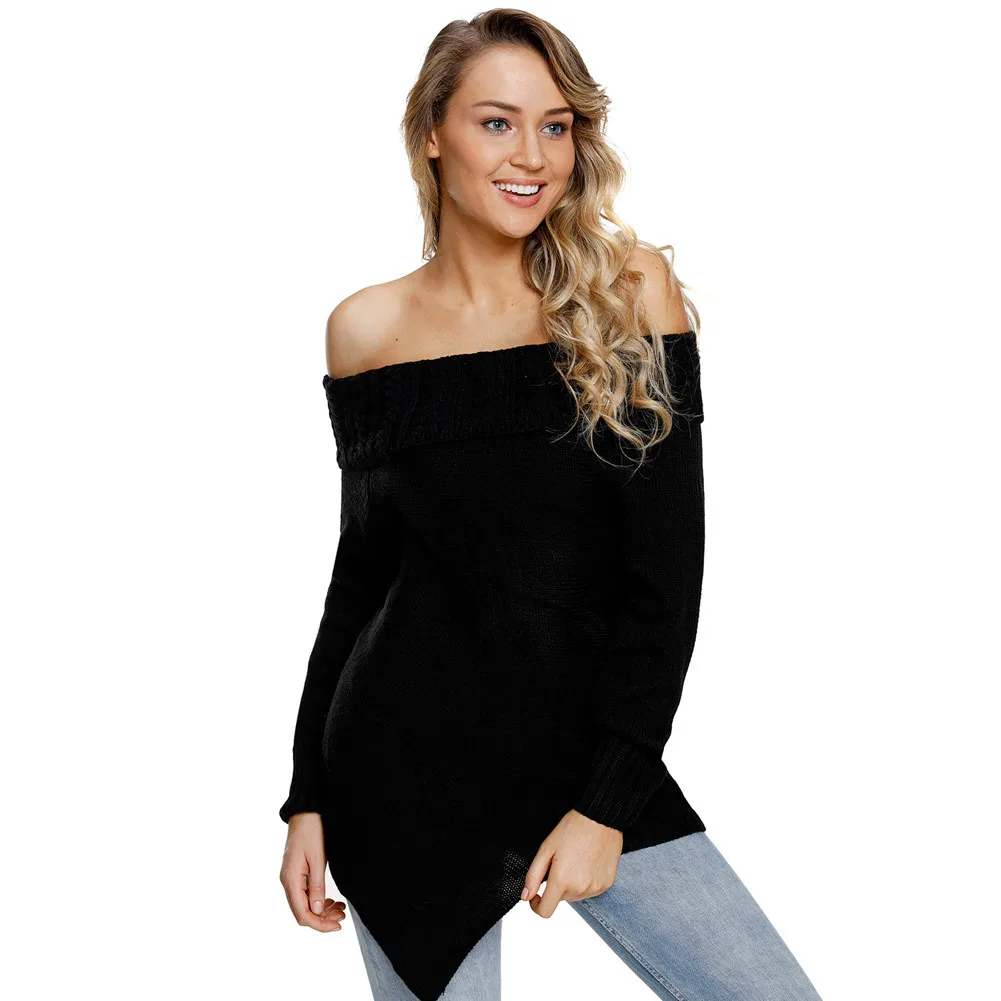 

2019 Autumn And Winter New Style Solid Color Tube Top Horizontal Neck Long Sleeve Non-symmetrical Pullover Wool Knitted Sweater