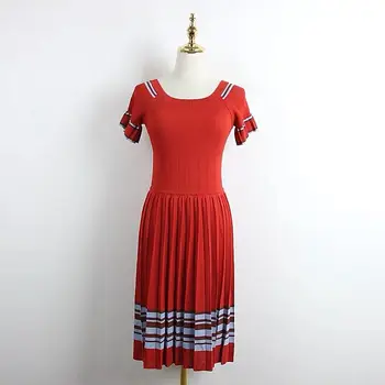 

Women Dress French Short Sleeve Knit Pleated Mini Dress