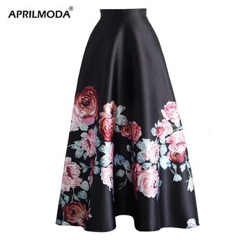 

Flower Printed High Waist Maxi Skirt Women Swing Retro Vintage 50s Rockabilly Skirt Party Elegant Chic Casual Ladies Skirts