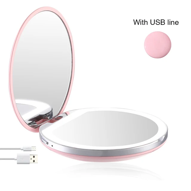 5 Color 3X Magnifying Vanity Mirror with Lights Mini Round Portable LED Makeup Mirror USB Chargeable Make Up Mirrors Pink