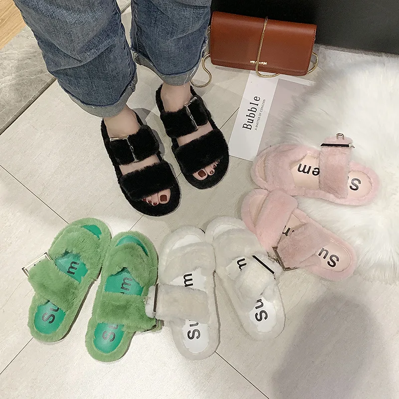 

2019 European Style New Style Fluffy Shoes Peep-Toe Buckle Line-styled Outdoor Wear Shoes Holder Lazy Slipper Online Celebrity W