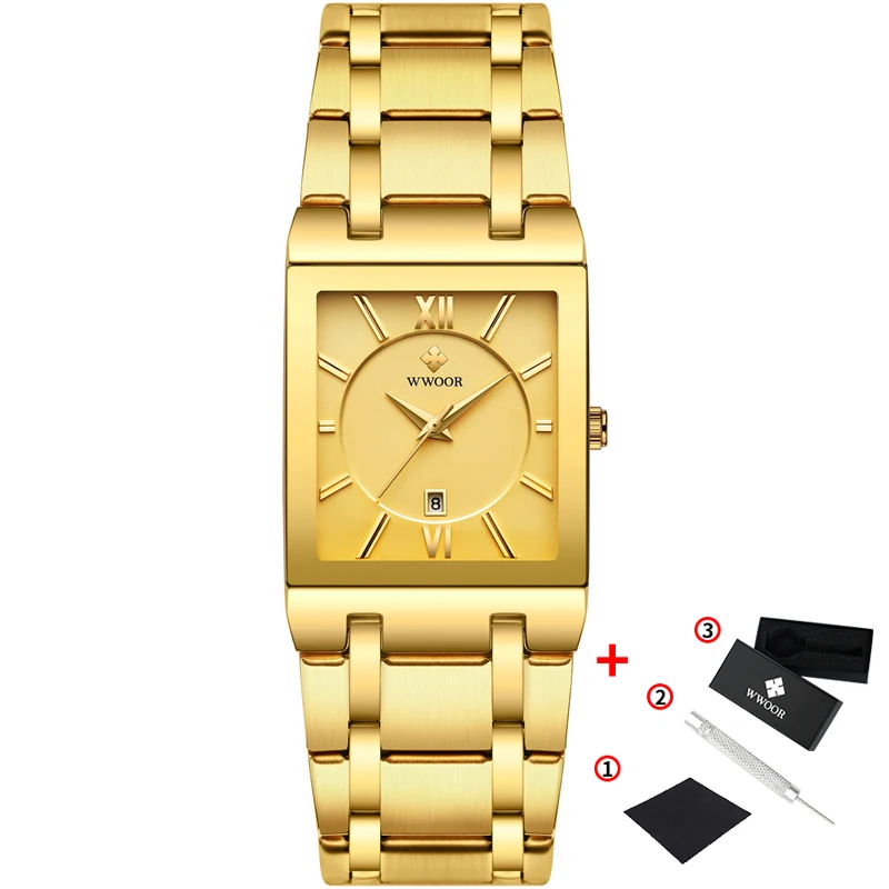 full gold WWOOR Роскошные брендовые золотые мужские часы, японские кварцевые Прямоугольные Наручные часы для мужчин, часы с датой, подарок, reloj mujer - Цвет: full gold