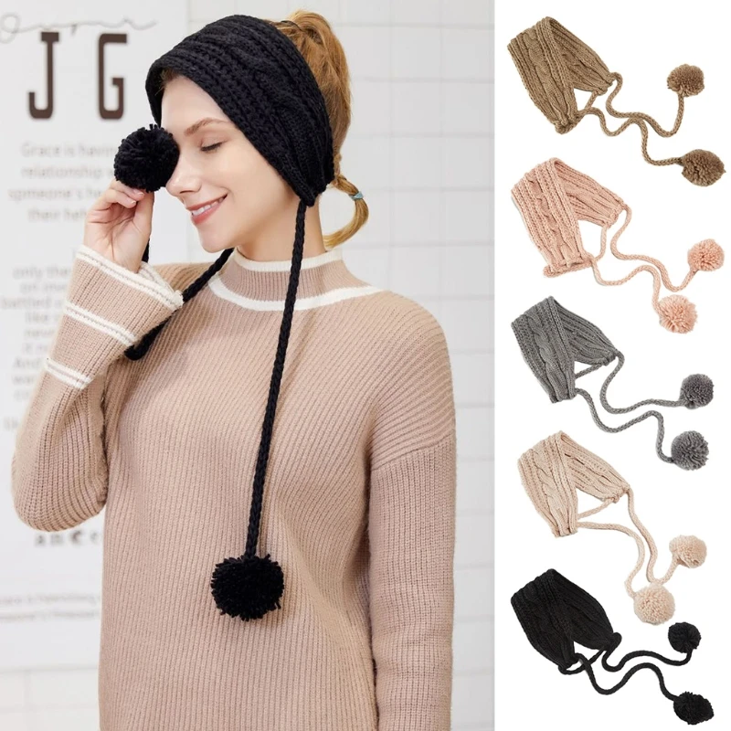 

Winter Cable Knit Earmuffs Headband Solid Color Pompom Chin Strap Chunky Crochet Thermal 2 In 1 Scarf Earflap Warmer
