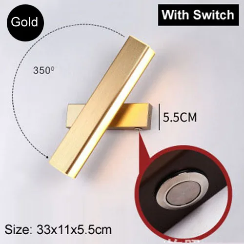 gold 33cm switch Современный светодиодный настенный светильник с выключателем для гостиной, ванной комнаты, настенный светильник, бра, настенный светильник, черный, белый, золотой, для домашнего декора - Цвет абажура: gold 33cm switch