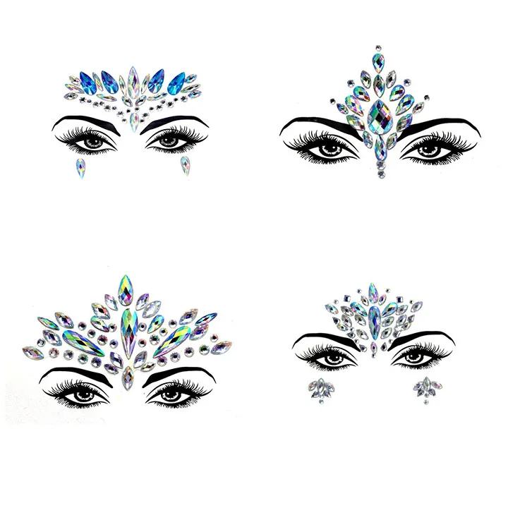 3  4pcs Glitter Face Jewelry Stickers Acrylic Rhinestone Festival Masquerade Party Temporary Tattoo Fashion DIY Jewelry Stickers