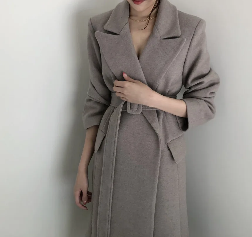 Зимнее женское длинное шерстяное пальто, офисное женское корейское длинное пальто, тонкая женская шерстяная куртка с поясом, пальто и куртка