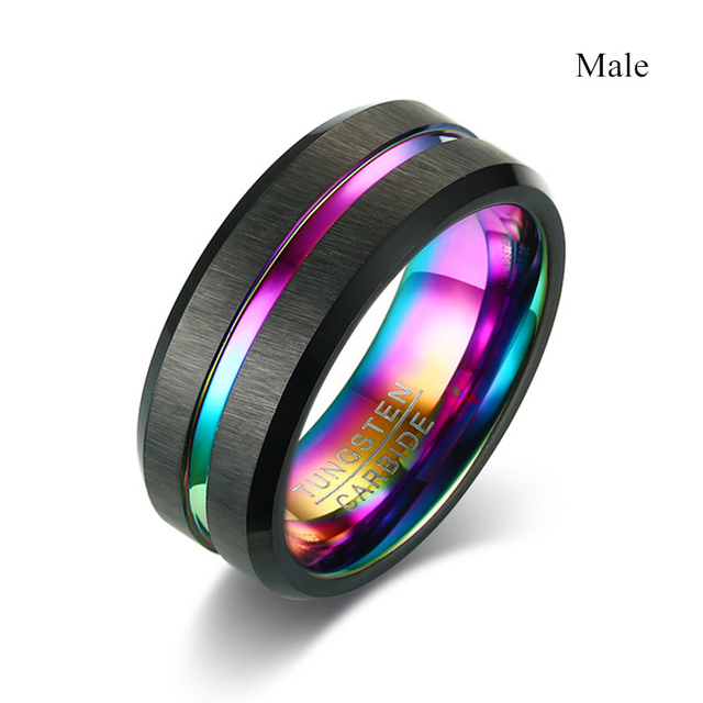 Couple Rings Men Rainbow Tungsten Steel Ring Purple Zircon Women Wedding Band Rings Set Valentine's Day Jewelry