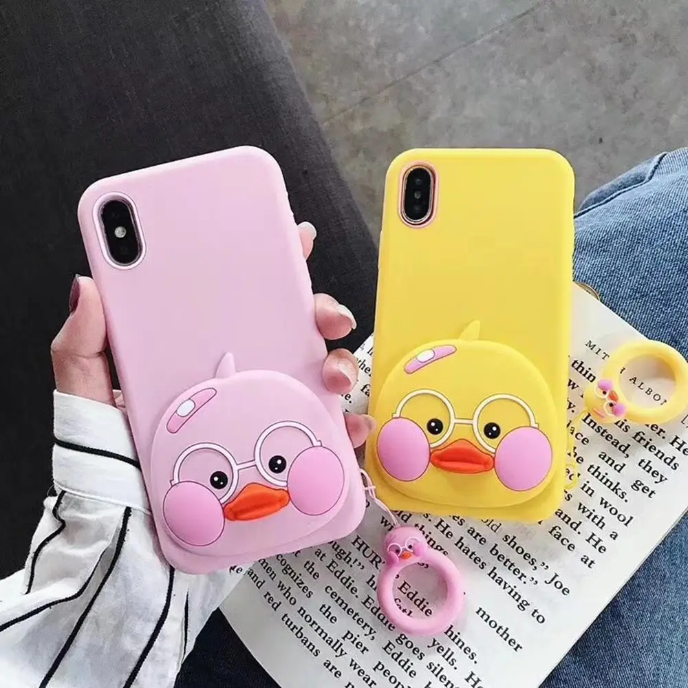 

Korean cartoon shy 3D small yellow duck+ring high quality anti-fall silicone soft cover for iphone MAX XS XR 7 8plus phone cases