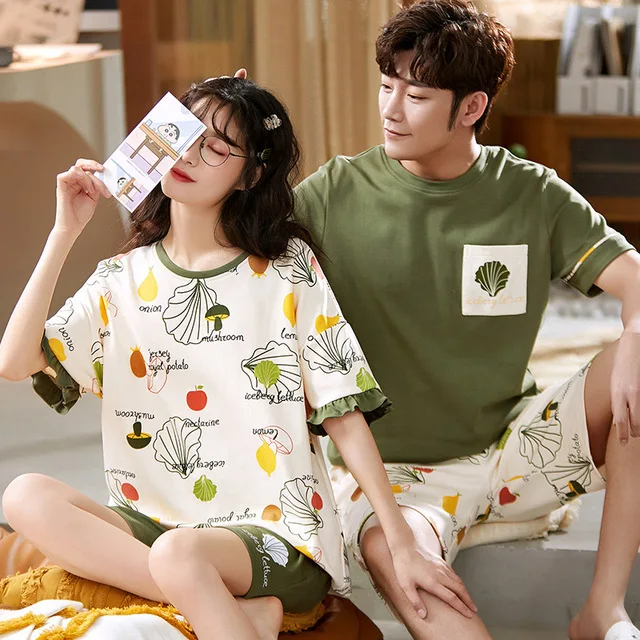 2023 Couple Pajama Set Summer Pyjama Femme Male Cotton Short Sleeved Men And Women Sleepwear Stich Pijama Casual Lover Home Wear