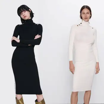 

2020 ZA Women's Stitching Dress Fashion New Spring Button Straight Dress Boho Women's Slim Long Sleeve Stand Collar Knit Dress