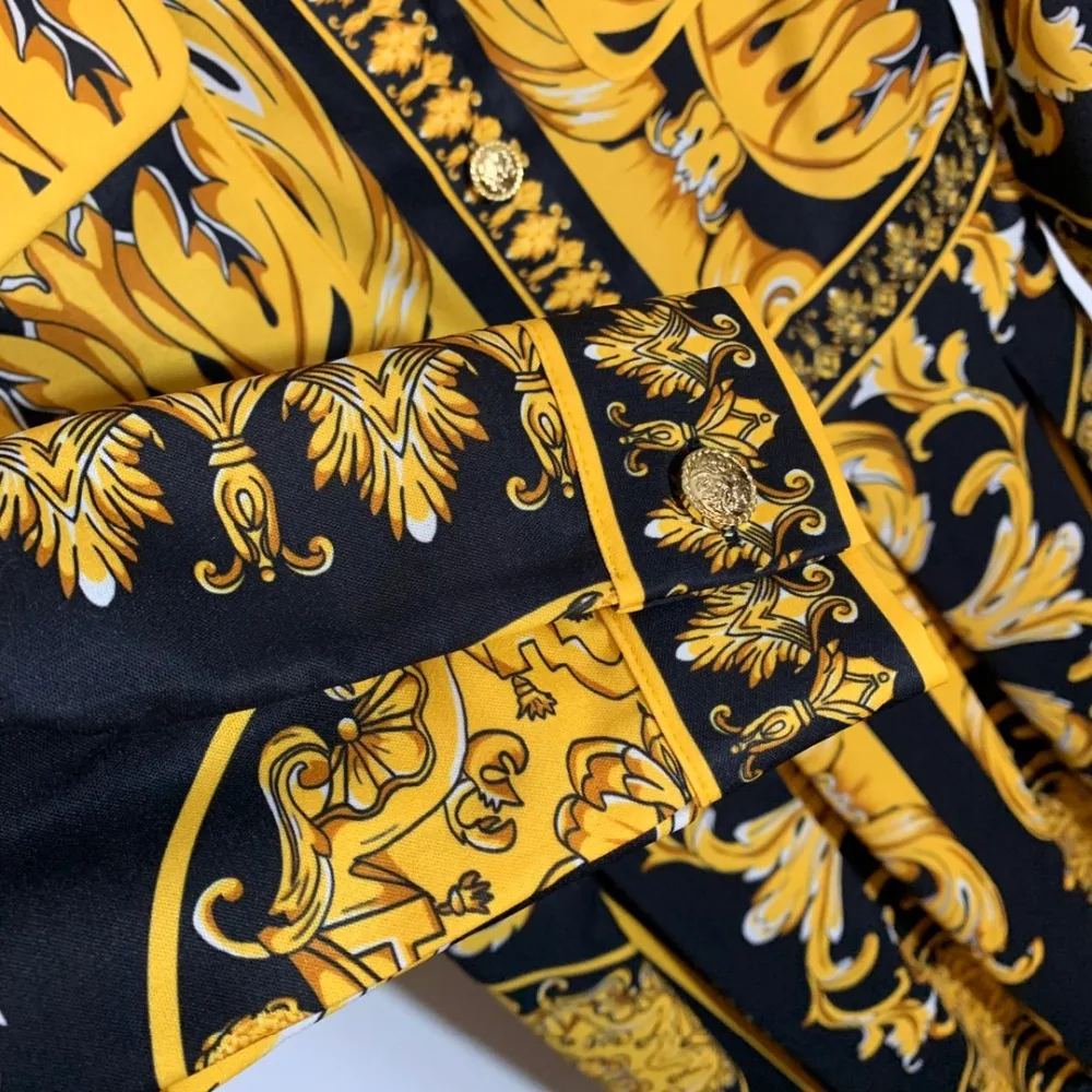 11.9 New Fashion Vintage flower print gold button decoration collect waist pleated long sleeve dress