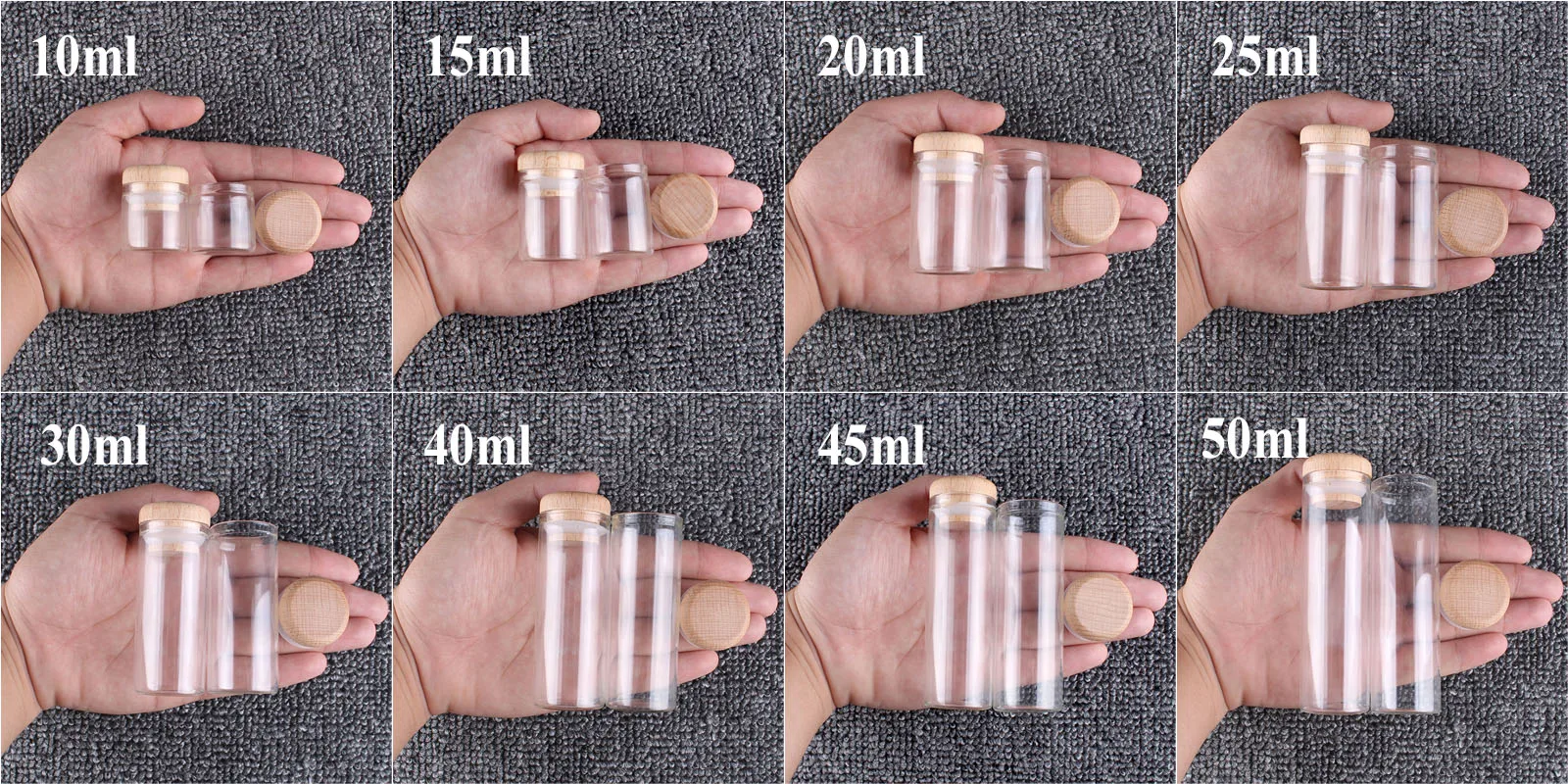 12 pieces/lot 10ml 15ml 20ml 25ml 30ml 40ml 45ml 50ml 60ml Glass Bottles with Solid Wood Caps Spice Jars Vessels DIY Art Crafts 3