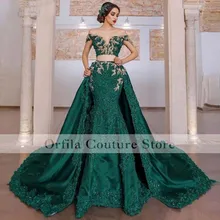

Dark Green Prom Dress Mermaid With Removable Train Two Pieces Off Shoulder Arabic Evening Gowns vestidos de noche