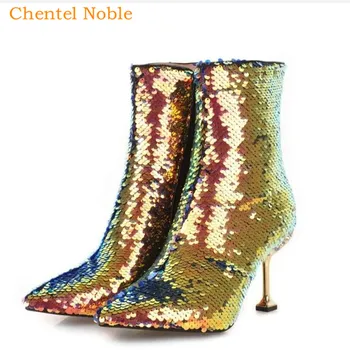 

European Hot Selling Bling Bling Sequin Ankle Boots For Women Pointed Toe Leather High Heels Winter Spring Shoes Ladies Boot