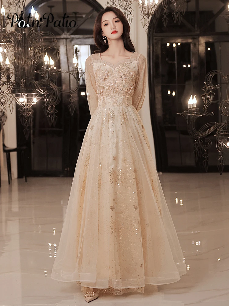 Champagne Evening Dresses For Women Sweetheart Appliques Sequined Tulle Floor-Length Long Wedding Party Gowns With 3/4 Sleeves plus size ball gowns