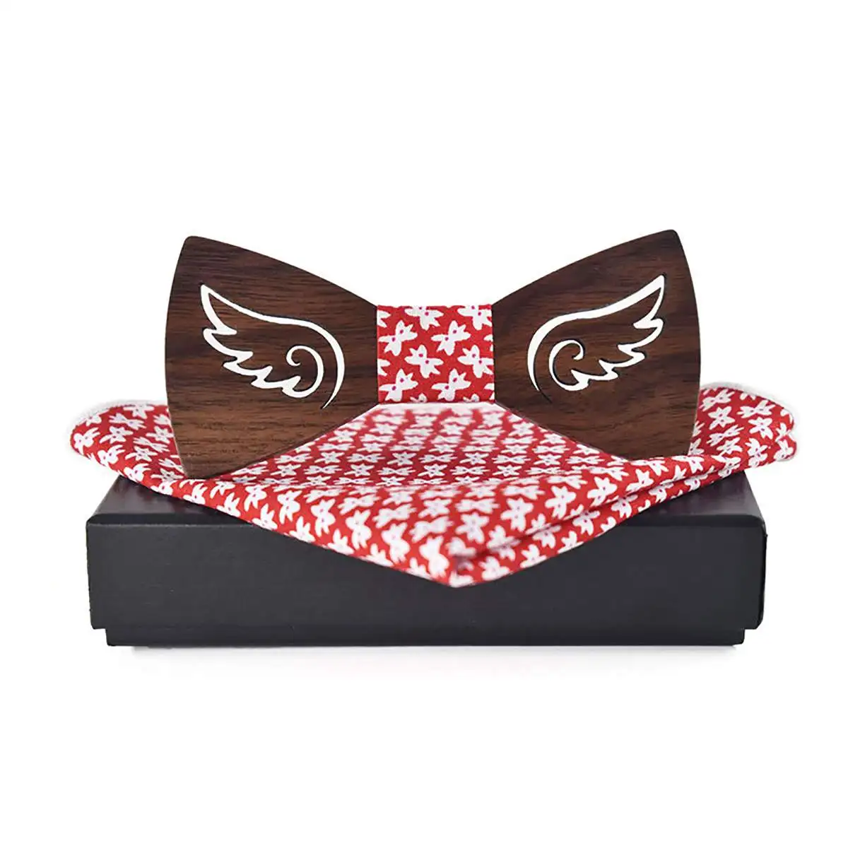 Деревянный галстук, брошь, носовой платок, набор, мужской галстук-бабочка, деревянный полый резной дизайн с вырезами, крылья + Подарочная