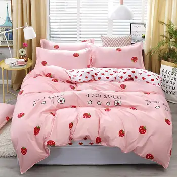

4pcs/set Bedding Set Love Strawberry Pink Pattern Bed Linings Duvet Cover Bed Sheet Pillowcases Cover Set Dropshipping