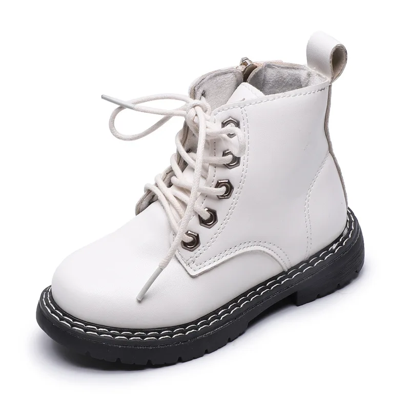 COZULMA/Детские однотонные ботильоны на шнуровке; Новая Осенняя повседневная обувь для девочек; нескользящие модные рабочие ботинки для мальчиков; Размеры 26-36 - Цвет: Белый