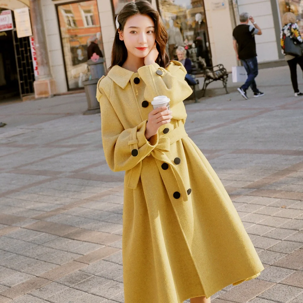 

Woolen Jacket 2018 Winter New Style WOMEN'S Dress Retro Hepburn Wind Mid-length Waist Hugging Slimming Single Breasted Woolen Ov