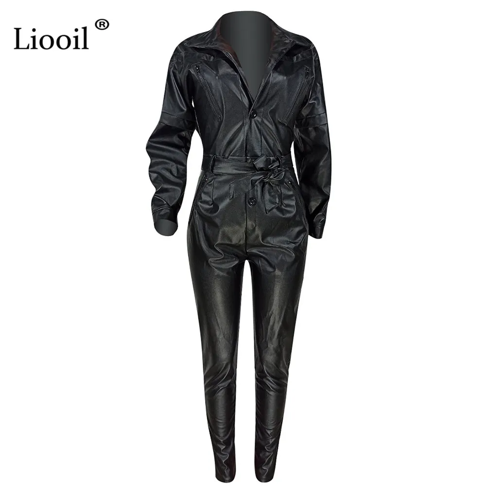 Liooil, черный, искусственная кожа, Цельный Наряд, сексуальный, на молнии, комбинезоны, с длинным рукавом, на пуговицах, с поясом, вечерние, Клубные, комбинезоны, женский комбинезон