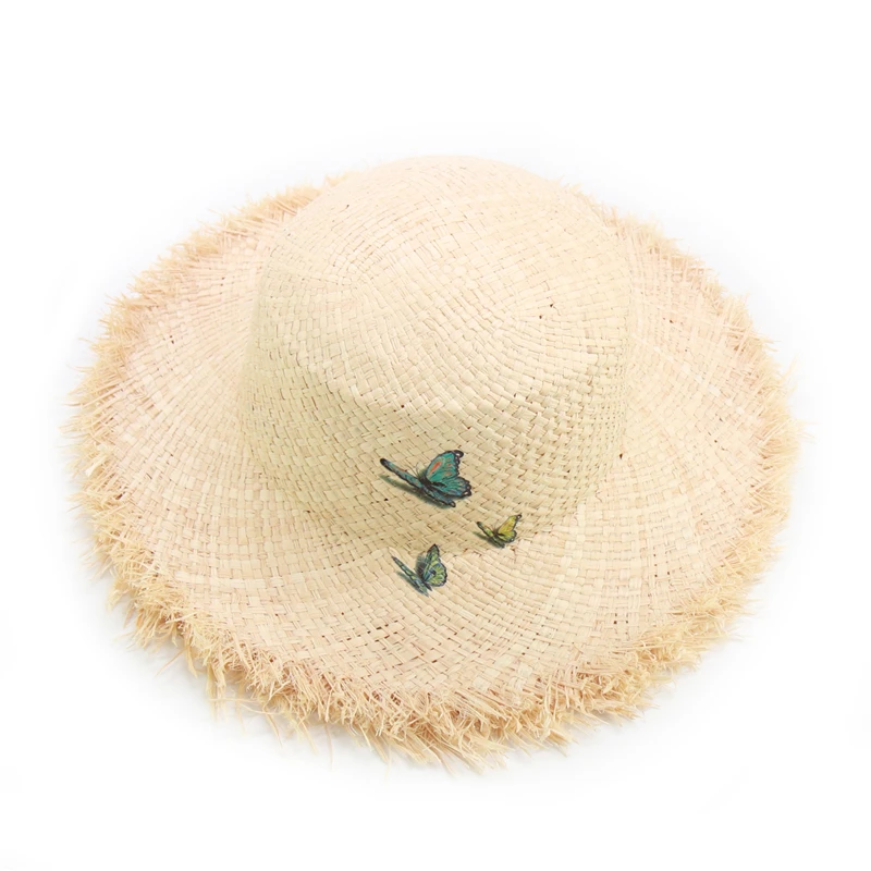 Original Design Butterfly Print Beach Hats For Women Fashion Colorful Feather Raffia Hat Ladies Summer UV Hats Wholesale