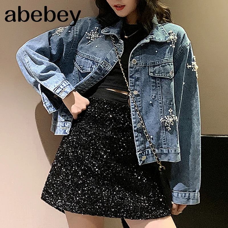 jean jacket with pearl sleeves