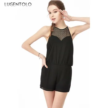 

Lugentolo Women Playsuit Summer Sleeveless Solid Black Mesh Slim Fit Straight Casual Lady Simple Playsuits