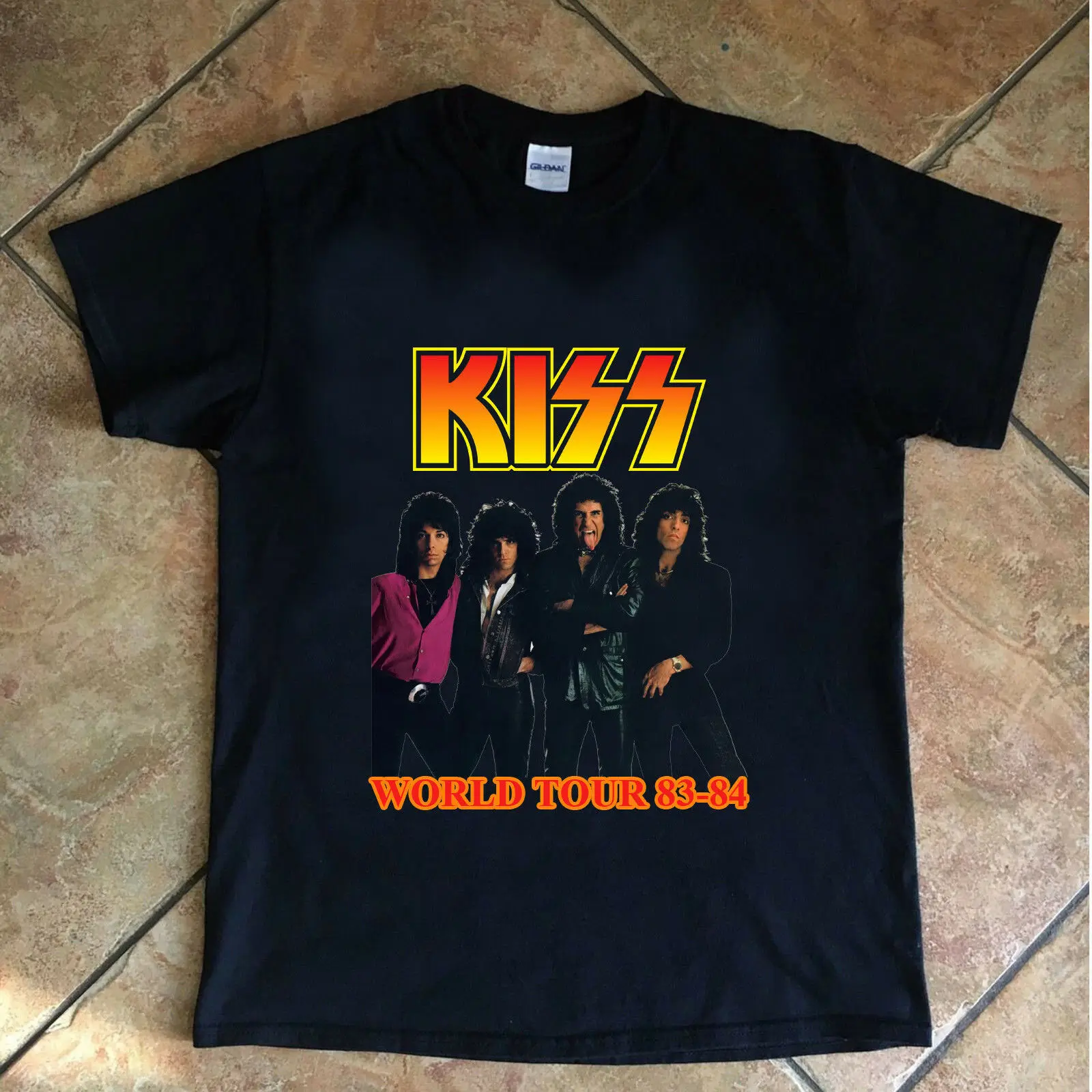 Винтажная Футболка KISS BAND World Tour 83-84 редкая черная футболка с принтом из хлопка летняя повседневная футболка