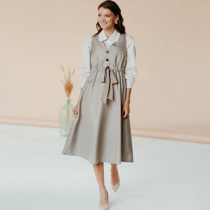 

2020 Spring New Fashion Dress Women Office Lady A-line Party Sashes Dress Sleeveless V-neck Solid Elegant Cascual Dress
