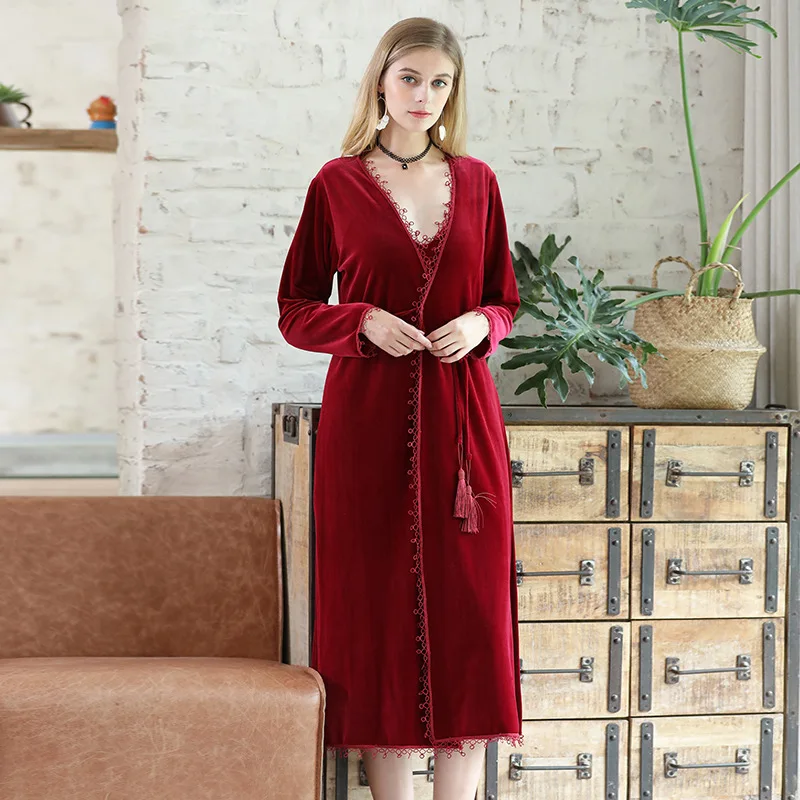 

XIFER Velvet Nightgown Sling Female V-neck Sexy Long Autumn and Winter Wedding Gown Medium Thick Warm Nightwear Home Service