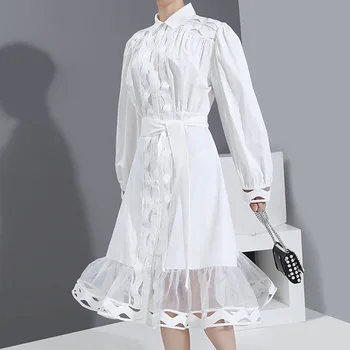 

New Arrival Pure White with Belt Mesh Korean Dress Long Sleeve Shirt Office Ladies Elegant Dress 2020 Sexy Women Party Dresses