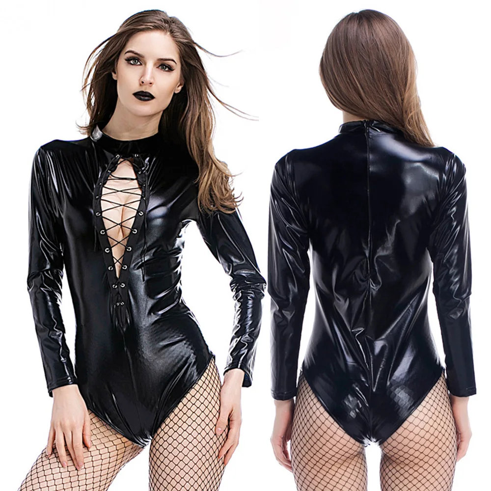 

Women PU Leather Bodysuits Erotic Leotard Costumes Rubber Flexible Leather Catsuit Zipper Catwomen Clubwear Wetlook Jumpsuit