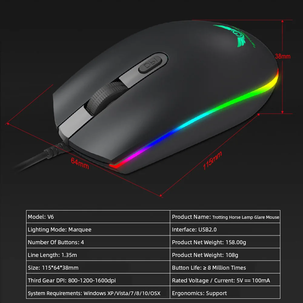 Проводная RGB с антибликовым покрытием Мышь 1600 Точек на дюйм 7 кнопок оптическая USB