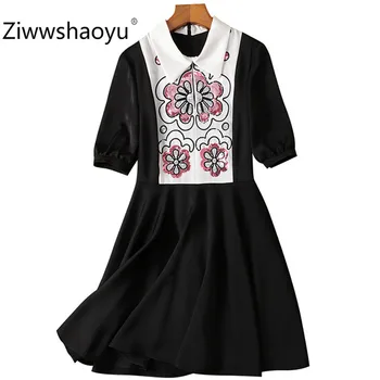 

Ziwwshaoyu 2020 Fashion Summer Short Sleeve Sequins Flower Embroidery White Color Matching Black Short Dresses Women's Clothing
