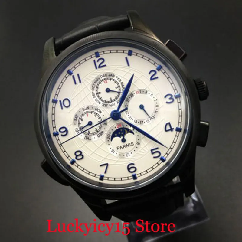 

PARNIS Mechanical Self Winding Men's Watch 44mm Wristwatch Multifunction Moon Phase/ Date /Month/Week Indicator PVD Watch Case