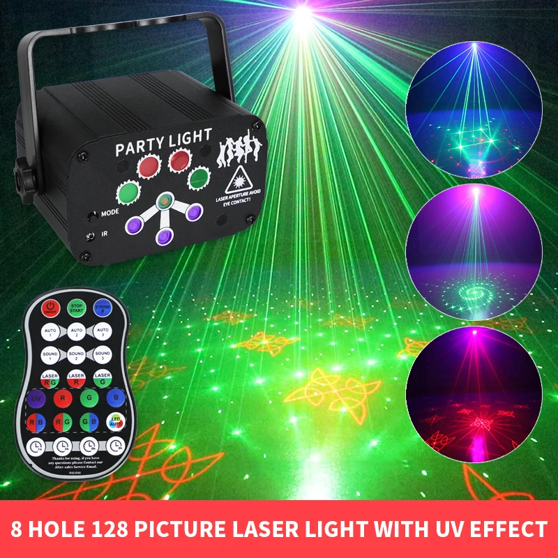 

128 Patterns Laser Light 8-hole Stage Light USB Recharge Wireless Control Party DJ Effect Light for Home Holiday Christmas Giift