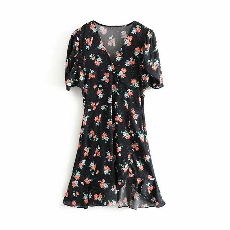 

Women stylish floral print mini dress Cross V neck short sleeve side zipper dress female beach wear dresses black vestidos