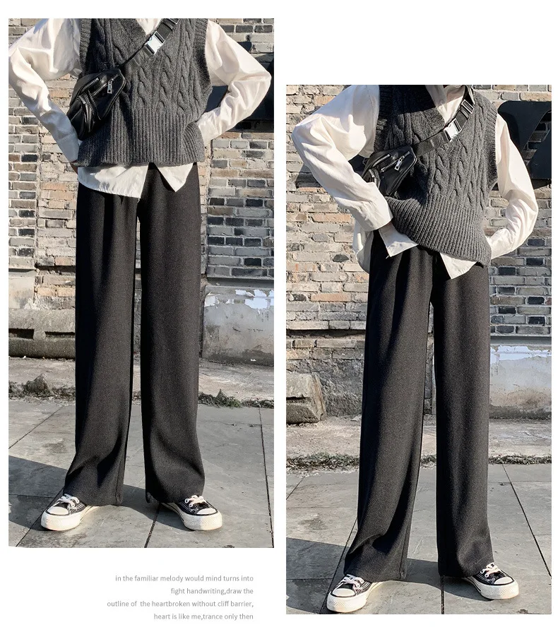 Knitting Wide Leg Pants Women Thickening Elastic High Waist Wool Long Pant Trouser Female Black Gray Casual Loose Bottoms