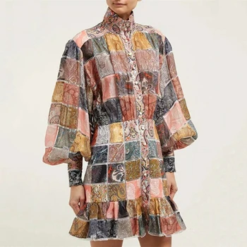 

SHENGPALAE New Spring Vintage Lattice Ruffle Mini Dress Female Long Sleeve Lace Up Dresses Women Fashion 2020 FM422