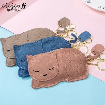 

Funny Cute Cat Coin Purse Genuine Leather Mini Keychain Change Wallets Car Key Case Wallet Ultra-thin Key Chain Women Coin Bag