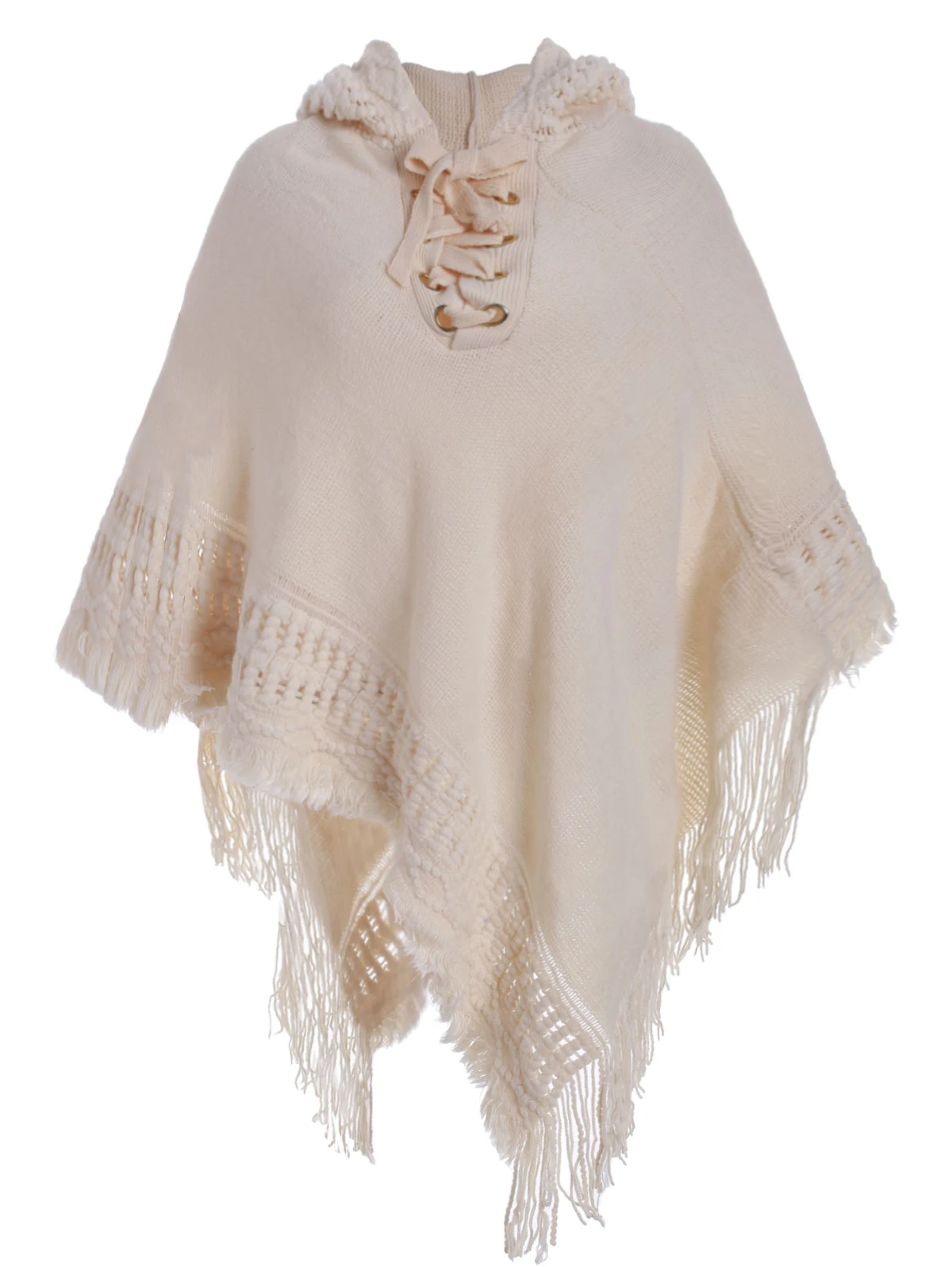 Warm White ROSEGAL, с капюшоном, с бахромой, на шнуровке, плюс размер, пончо, свитер, женский, вязанный, с рукавом "летучая мышь", топ, эластичная верхняя одежда, одноцветная, новая накидка, свитер - Цвет: Warm White