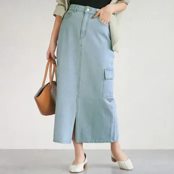 

Denim Skirt High Waist A-line Long Skirts Women 2020 Korean Summer New Button Pockets Split Blue Jean Skirt Style Jeans