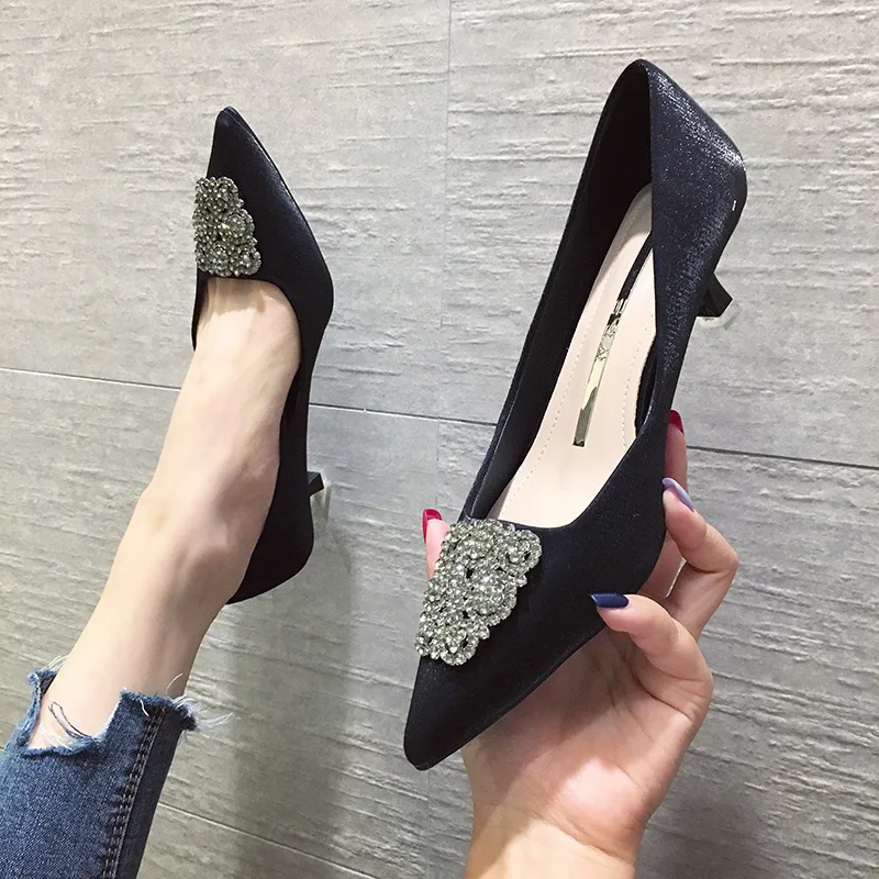 

2019 Shoes Women Heel Shoes 5 Centimeters Thin Heeled Low Heel Spool Heels Elegant Fashion Korean-style Versatile Man-made Diamo