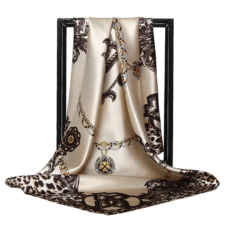 

Gao he Silk Scarves 90 Cm * 90 Cm Kerchief Europe And America Leopord Pattern Chain Large Kerchief Silk Scarves Imitated Silk Sc