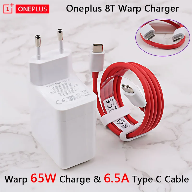 Оригинальное зарядное устройство OnePlus 8 T Warp Charge 65 белое стандарта ЕС и США кабель