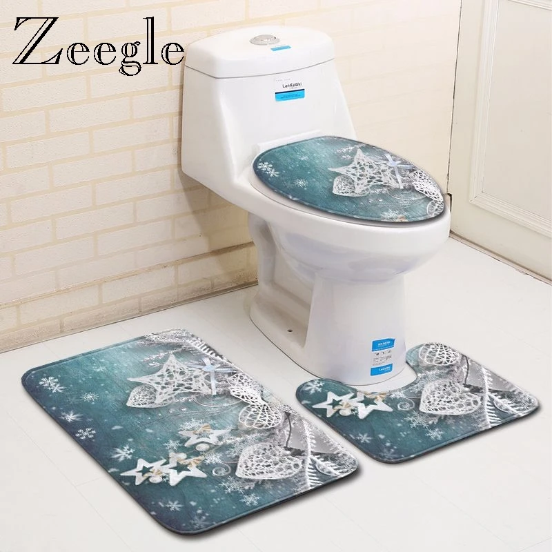 Zeegle Printed Flannel Bath Mat Set 3pcs Toilet Mat Set Christmas Bathroom Mat Anti-slip Floor Rug Modern Comfortable Foot Rug